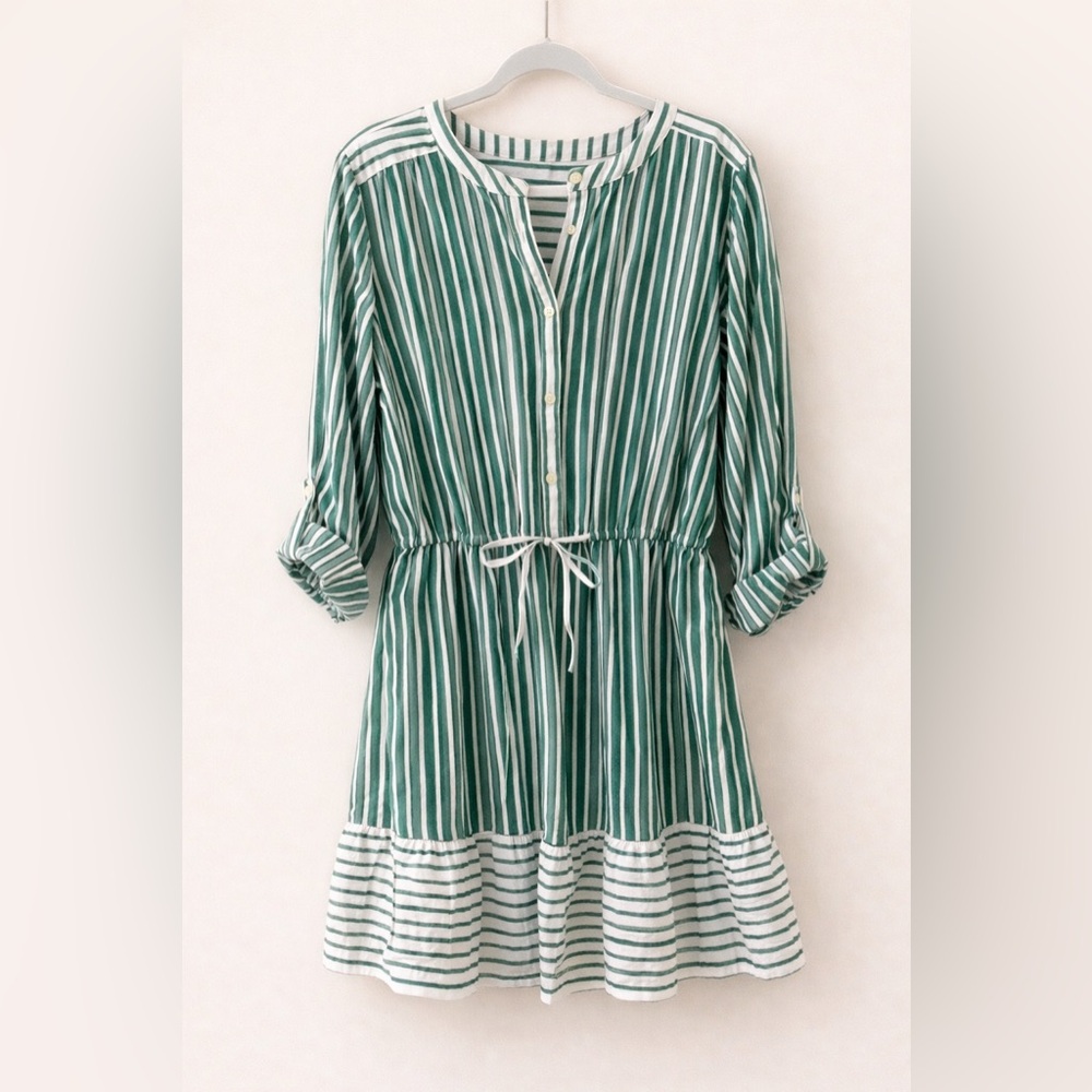 Loft Striped Green Drawstring Shirt Dress